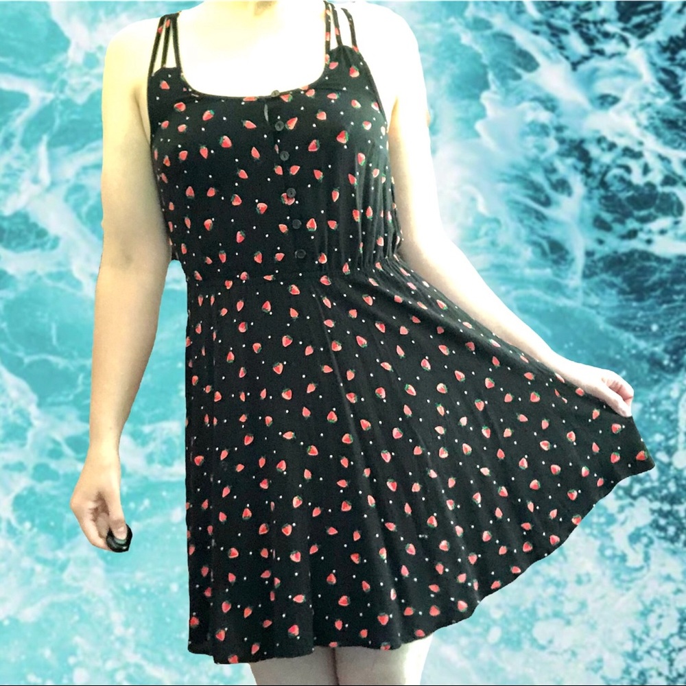 Vintage y2k Strawberry Fields Forever Black Summer Sun Dress, Size S